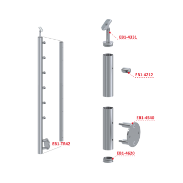 Nerezový sloup, boční kotvení, 6 řadový průchodný, vnitřní, vrch nastavitelný (ø 42,4x2 mm), broušená nerez K320 / AISI304