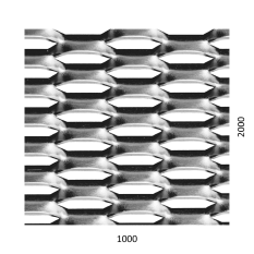 Tahokov Fe, kosočtvercové oko: 44x12mm, mostík: 5mm (1000x2000x1.5mm), orientace oka: rozměr oka 44mm je rovnoběžná s rozměrem tabule 1000mm