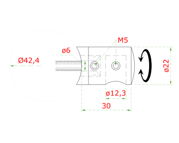 Držák tyče ø 12 mm (koncový-pravý) na trubku ø 42,4 mm (30x22 mm), broušená nerez K320 / AISI304