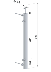 Nerezový sloup, boční kotvení, výplň: sklo, levý, vrch pevný, (40x40x2.0 mm), brousená nerez K320 /AISI304