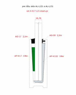 2,5 m set pro 16,76 mm sklo, k hliníkovým profilům AL-L121, AL-L131, AL-L141 a AL-L151. Obsahuje: těsnění AG-00 2,5 m, AG-17 2,5 m, podložky AP-K122 10 ks, klíny AP-K17 10 ks
