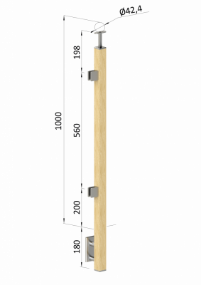 Dřevěný sloup, boční kotvení, výplň: sklo, koncový, levý, vrch pevný (40x40mm), materiál: buk, broušený povrch s nátěrem BORI (bezbarvý)