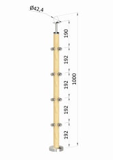 Dřevěný sloup, vrchní kotvení, 4 řadový, rohový: 90°, vrch pevný (ø42 mm), materiál: buk, broušený povrch bez nátěru