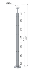 Nerezový sloup, vrchní kotvení, 6 děrový na lanko, rohový: 90°, vrch pevný (ø 42.4x2mm), broušená nerez K320 /AISI304