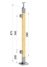 Dřevěný sloup, vrchní kotvení, výplň: sklo, levý, vrch pevný (40x40 mm), materiál: buk, broušený povrch bez nátěru