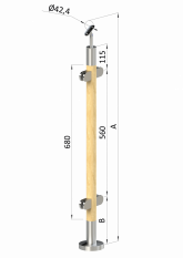 Dřevěný sloup, vrchní kotvení, výplň: sklo, průchozí, vrch nastavitelný (ø 42mm), materiál: buk, broušený povrch bez nátěru