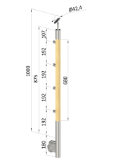 Dřevěný sloup, boční kotvení, 4 řadový, průchozí, vnitřní, vrch nastavitelný (ø 42mm), materiál: buk, broušený povrch bez nátěru