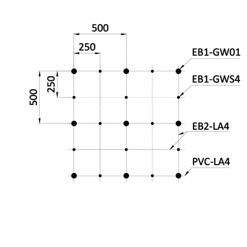 Montážní sada pro zelenou stěnu - nerez, rozměr 1x1m. Set obsahuje: EB1-GW01 (9ks), PVC-LA4 (20ks), EB2-LA4 (15m), EB1-GWS4 (12ks)
