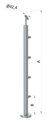 Nerezový sloup, vrchní kotvení, 4 řadový, průchodný, vrch nastavitelný, (ø 42,4x2 mm), broušená nerez K320 / AISI304