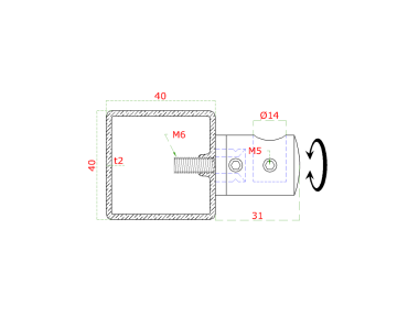 Držák tyče ø 14 mm (koncový-levý) plochý (30x22 mm), broušená nerez K320 / AISI304