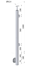 Nerezový sloup, boční kotvení, výplň: sklo, pravý, vrch pevný, (40x40 mm), broušená nerez K320 / AISI304