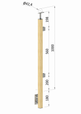 Dřevěný sloup, boční kotvení, výplň: sklo, koncový, pravý, vrch pevný (40x40 mm), materiál: buk, broušený povrch bez nátěru