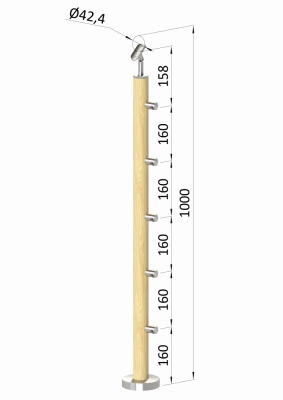 Dřevěný sloup, vrchní kotvení, 5 řadový, průchozí, vrch nastavitelný (ø 42mm), materiál: buk, broušený povrch s nátěrem BORI (bezbarvý)