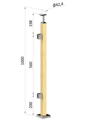 Dřevěný sloup, vrchní kotvení, výplň: sklo, levý, vrch pevný (40x40mm), materiál: buk, broušený povrch s nátěrem BORI (bezbarvý)
