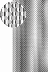 Plech pozinkovaný 2000x1000x1,2mm, lisovaný vzor pletení 42x42mm, 3D efekt. Skutečný rozměr +/- 0,5%