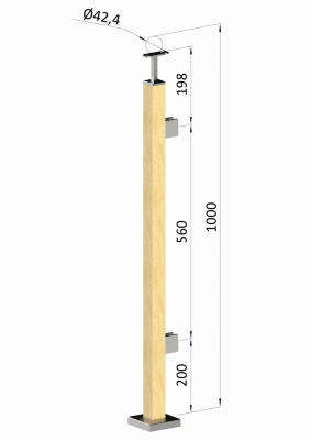 Dřevěný sloup, vrchní kotvení, výplň: sklo, pravý, vrch pevný (40x40mm), materiál: buk, broušený povrch bez nátěru