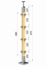 Dřevěný sloup, vrchní kotvení, 4 děrový rohový, vrch pevný (40x40 mm), materiál: buk, broušený povrch bez nátěru