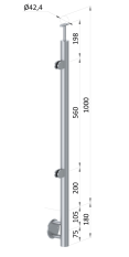 Nerezový sloup, boční kotvení, výplň: sklo, levý, vrch pevný (ø 42,4x2 mm), leštěná nerez / AISI304