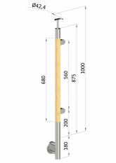 Dřevěný sloup, boční kotvení, výplň: sklo, pravý, vrch pevný (ø42 mm), materiál: buk, broušený povrch s nátěrem BORI (bezbarvý)