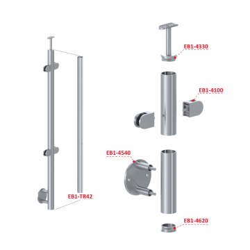 Nerezový sloup, boční kotvení, výplň: sklo, průchozí, vrch pevný (ø42,4x2 mm), broušená nerez K320 / AISI304