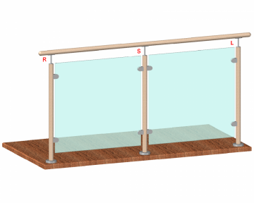 Dřevěný sloup, vrchní kotvení, výplň: sklo, levý, vrch pevný (ø 42mm), materiál: buk, broušený povrch bez nátěru