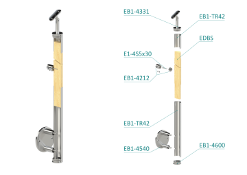 Dřevěný sloup, boční kotvení, 4 řadový, průchozí, vnitřní, vrch nastavitelný (ø 42mm), materiál: buk, broušený povrch s nátěrem BORI (bezbarvý)
