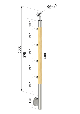 Dřevěný sloup, boční kotvení, 4 řadový, průchozí, vnitřní, vrch nastavitelný (ø 42mm), materiál: buk, broušený povrch bez nátěru