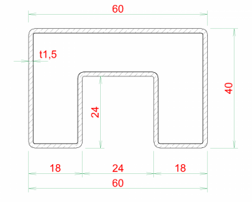 Madlo obdélníkové (60x40x1,5 mm /24x24 mm), cena za 1 ks (3 m), pro sklo 8-17,5 mm, bez gumových těsnění, broušená nerez K320 / AISI304