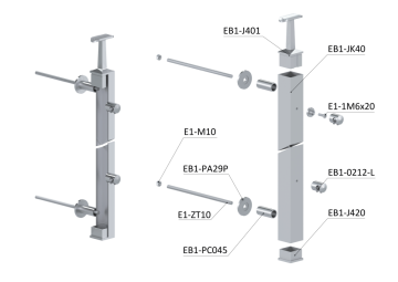 Nerezový sloup na francouzský balkón, boční kotvení, 5 řadový, levý, vrch pevný, (40x40x2 mm), broušená nerez K320 / AISI304