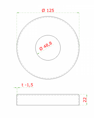 Kryt příruby (ø 125 / 22 mm) na trubku ø 48,3 mm, broušená nerez K320 / AISI304