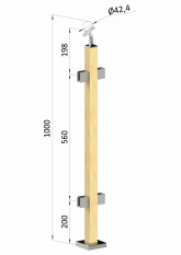 Dřevěný sloup, vrchní kotvení, výplň: sklo, průchozí, vrch nastavitelný (40x40 mm), materiál: buk, broušený povrch s nátěrem BORI (bezbarvý)