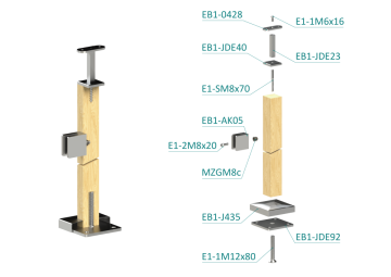 Dřevěný sloup, vrchní kotvení, výplň: sklo, levý, vrch pevný (40x40mm), materiál: buk, broušený povrch s nátěrem BORI (bezbarvý)
