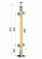 Dřevěný sloup, vrchní kotvení, výplň: sklo, průchozí, vrch pevný (40x40mm), materiál: buk, broušený povrch bez nátěru