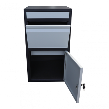 Box na balíky (410x385x720mm) s přepadovou lištou na ochranu balíků, tloušťka 0.8mm) velikost balíku: 320x300x180mm, barva: Černé tělo + bílý vhod
