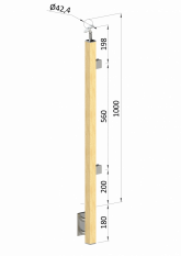 Dřevěný sloup, boční kotvení, výplň: sklo, koncový, pravý, vrch nastavitelný (40x40mm), materiál: buk, broušený povrch s nátěrem BORI (bezbarvý)