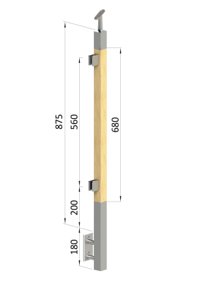Dřevěný sloup, boční kotvení, výplň: sklo, levý, vrch nastavitelný (40x40mm), materiál: buk, broušený povrch bez nátěru