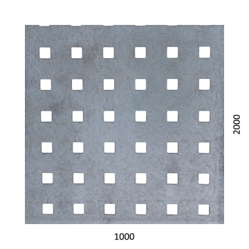 Děrovaný plech čtvercový řadový Zn, otvor: 10x10 mm, rozteč: 30 mm (1000x2000x1,5 mm)