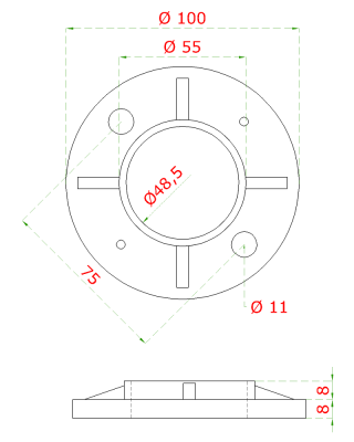 Příruba na trubku ø 48,3 mm (ø 100 /8,8 mm), broušená nerez K320 / AISI304