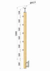 Dřevěný sloup, boční kotvení, 5 řadový, průchozí, vnější, vrch pevný, (40x40mm), materiál: buk, broušený povrch s nátěrem BORI (bezbarvý)