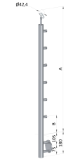 Nerezový sloup, boční kotvení, 6 řadový průchodný, vnitřní, vrch nastavitelný (ø 42,4x2 mm), broušená nerez K320 / AISI304