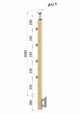 Dřevěný sloup, boční kotvení, 4 řadový, průchozí, vnější, vrch pevný, (40x40mm), materiál: buk, broušený povrch bez nátěru