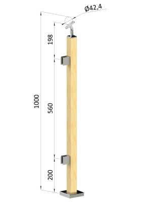 Dřevěný sloup, vrchní kotvení, výplň: sklo, levý, vrch nastavitelný (40x40mm), materiál: buk, broušený povrch bez nátěru