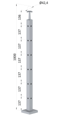 Nerezový sloup, vrchní kotvení, 6 děrový rohový, vrch pevný, (40x40 mm), broušená nerez K320 / AISI304
