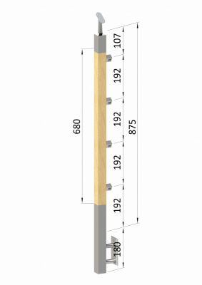 Dřevěný sloup, boční kotvení, 4 řadový, průchozí, vnitřní, vrch nastavitelný (40x40mm), materiál: buk, broušený povrch bez nátěru