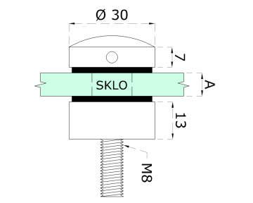 Svorka bodová na sklo 6-12 mm plochá (ø 30 mm / M8), leštěná nerez / AISI304, balení obsahuje gumičky na sklo