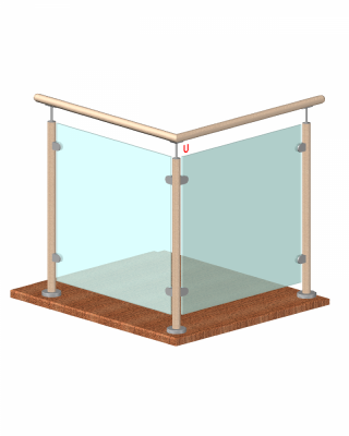 Dřevěný sloup, vrchní kotvení, výplň: sklo, rohový: 90°, vrch pevný (ø 42mm), materiál: buk, broušený povrch s nátěrem BORI (bezbarvý)