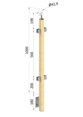 Dřevěný sloup, boční kotvení, výplň: sklo, průchozí, vrch nastavitelný (40x40 mm), materiál: buk, broušený povrch bez nátěru