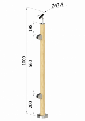 Dřevěný sloup, vrchní kotvenie, výplň: sklo, levý, vrch nastavitelný (ø42 mm), materiál: buk, broušený povrch bez nátěru