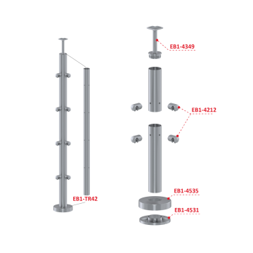 Nerezový sloup, vrchní kotvení, 4 řadový, rohový: 90°, vrch pevný (ø42,4x2 mm), broušená nerez K320 / AISI304