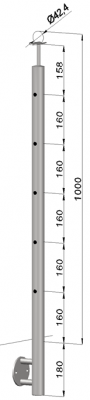 Nerezový sloup, boční kotvení, 5 děrový koncový, levý, vrch pevný (ø 42,4x2 mm), leštěná nerez / AISI304